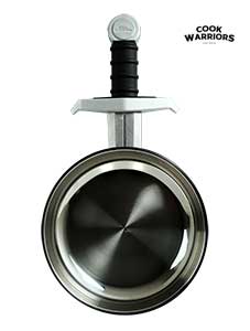 Eggscalibur™ polished stainless steel sword frying pan — the legendary Excalibur meme made real by Cook Warriors, 24cm skillet with medieval sword handle