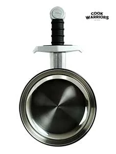 Eggscalibur™ polished stainless steel sword frying pan — the legendary Excalibur meme made real by Cook Warriors, 24cm skillet with medieval sword handle