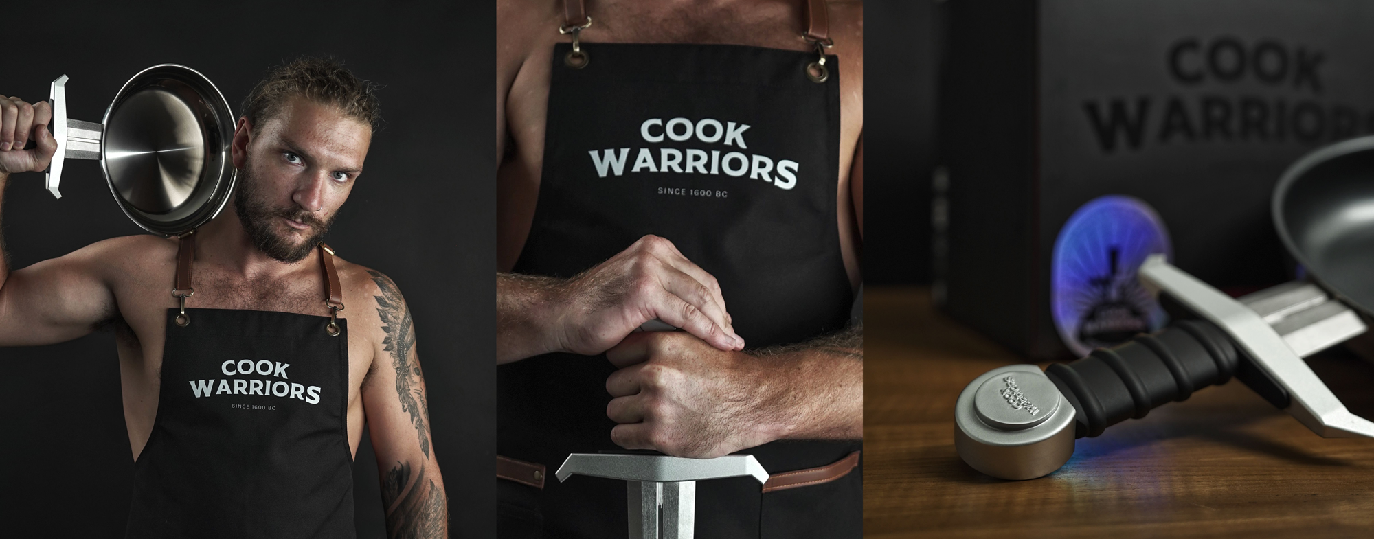 Cook Warriors warrior holding the Eggscalibur sword frying pan over his shoulder — Cook Warriors apron and sword-handled pan, the ultimate gift for men who already own everything