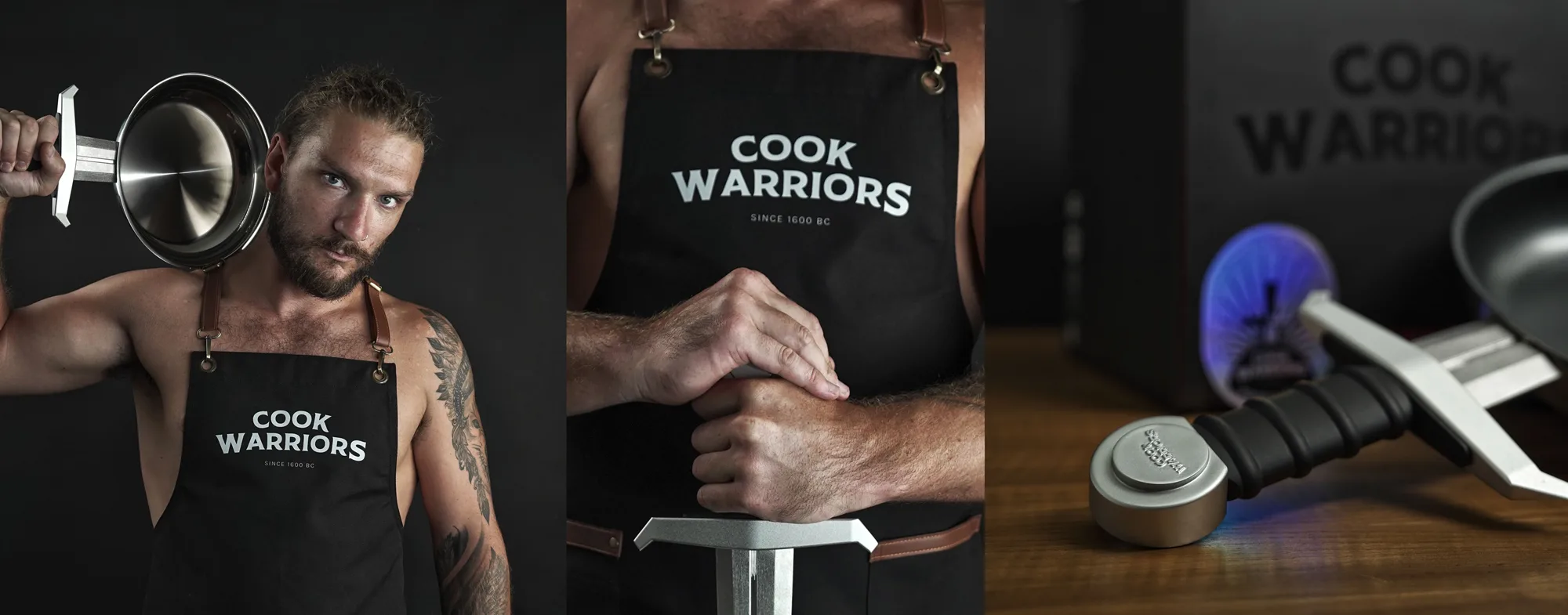 Cook Warriors warrior holding the Eggscalibur sword frying pan over his shoulder — Cook Warriors apron and sword-handled pan, the ultimate gift for men who already own everything