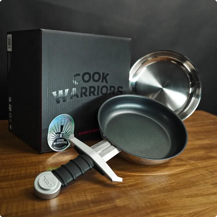 Eggscalibur sword pan — both models with Cook Warriors box, the perfect unique gift for men