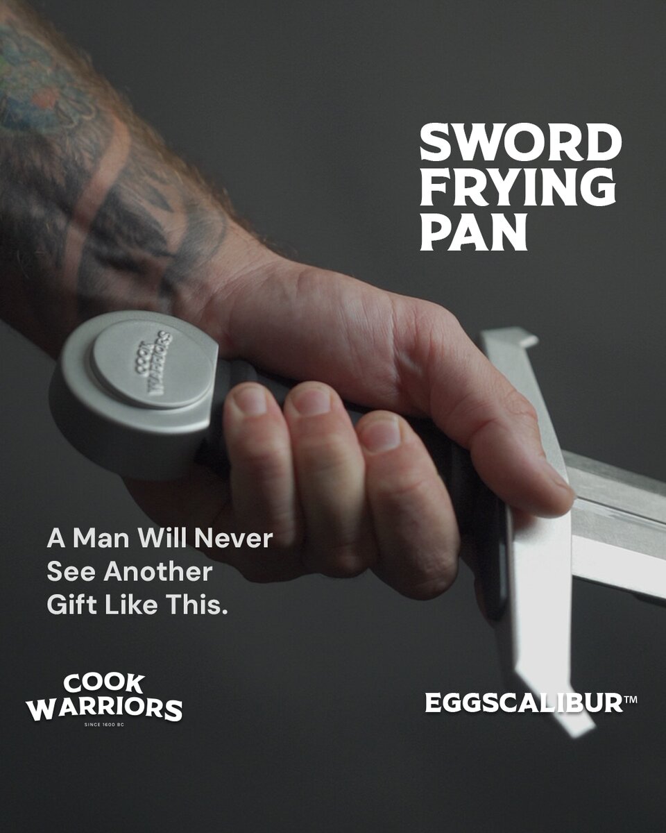 Eggscalibur interchangeable sword handle — man gripping the legendary Excalibur meme sword frying pan handle by Cook Warriors