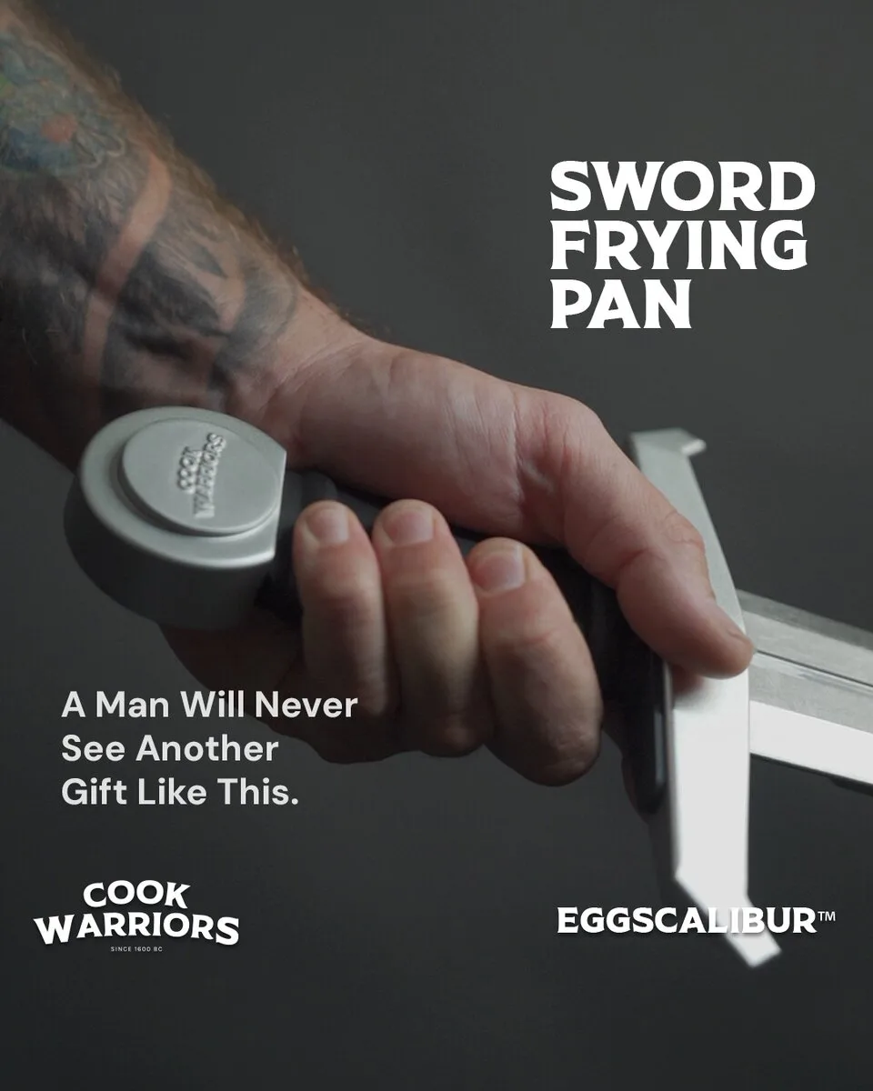 Eggscalibur interchangeable sword handle — man gripping the legendary Excalibur meme sword frying pan handle by Cook Warriors