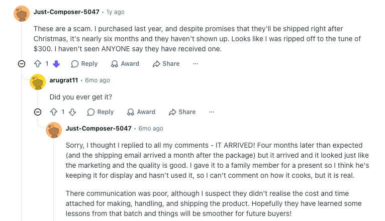 Public Reddit thread: a 2024 Eggscalibur pre-order buyer first calls it a scam, then six months later confirms the pan arrived and is real with good quality